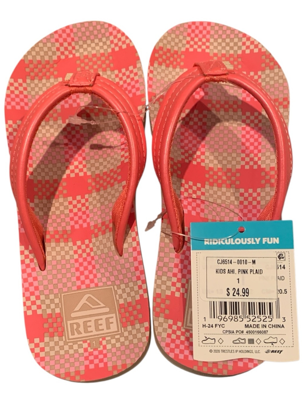 Reef Kids Pink Plaid Flip Flops